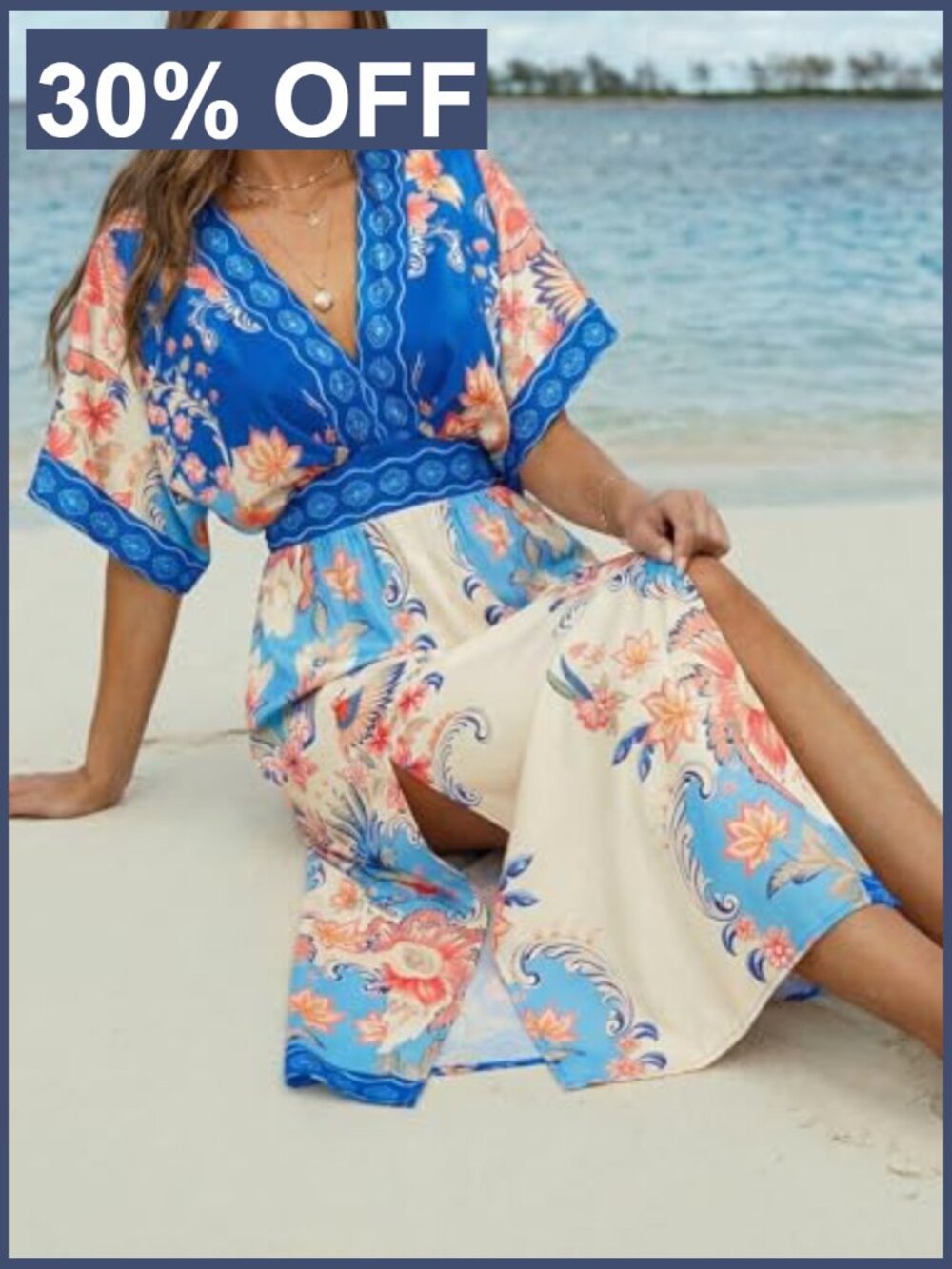 Women's Floral Maxi Dress V-Neck Short Sleeve Smocked Side Slit Pocket - Picture 6 of 7